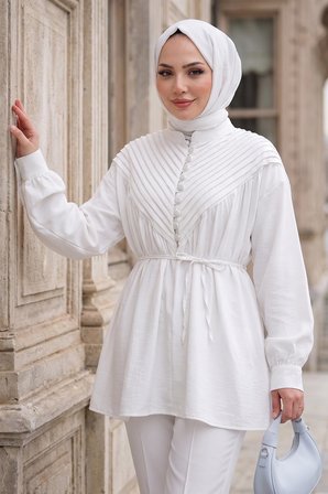 Nervürlü Yarım Pat Düğmeli Tunik Beyaz HM2886