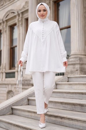 Nervürlü Yarım Pat Düğmeli Tunik Beyaz HM2886