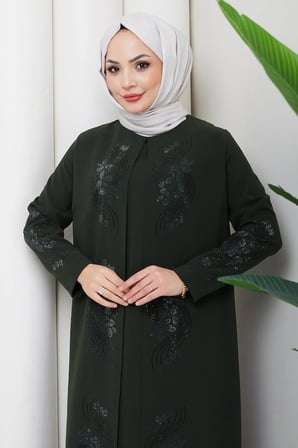 Çiçek Taş İşlemeli Şık Tesettür Anne Elbisesi Haki HM2905