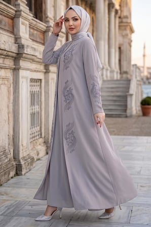 Çiçek Taş İşlemeli Şık Tesettür Anne Elbisesi Bej HM2905