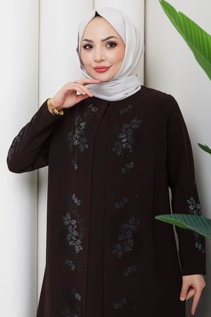Çiçek Taş İşlemeli Şık Tesettür Anne Elbisesi Acı Kahve HM2905