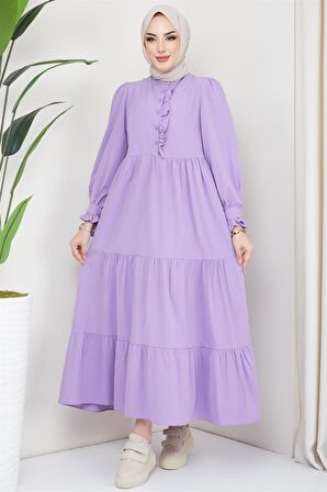 Önü Fırfırlı Kolu Bağlamalı Elbise Lila