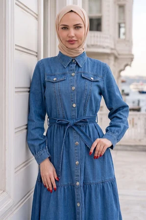 Kuşaklı Düğmeli Kot Elbise HM262764 Açık Mavi