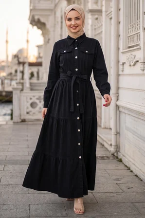 Kuşaklı Düğmeli Kot Elbise Siyah HM262764