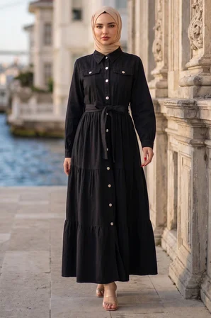 Kuşaklı Düğmeli Kot Elbise Siyah HM262764