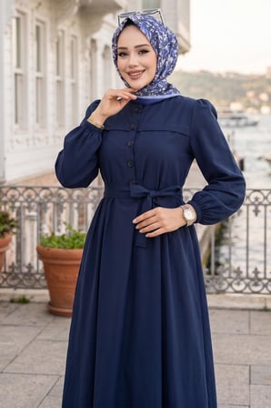Beli Kuşaklı Terikoton Elbise Lacivert HM2908