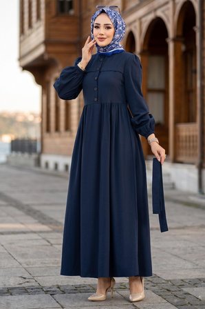 Beli Kuşaklı Terikoton Elbise Lacivert HM2908