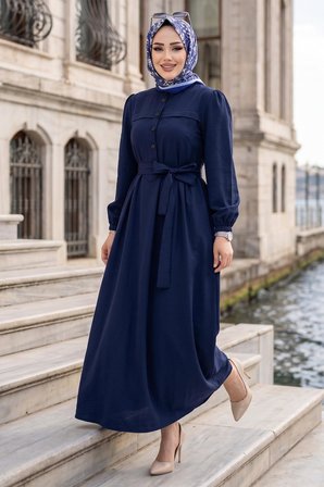 Beli Kuşaklı Terikoton Elbise Lacivert HM2908