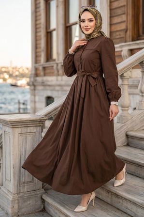 Beli Kuşaklı Terikoton Elbise Kahverengi HM2908
