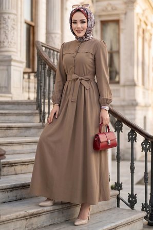 Beli Kuşaklı Terikoton Elbise Camel HM2908