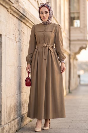 Beli Kuşaklı Terikoton Elbise Camel HM2908