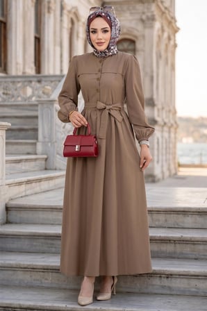 Beli Kuşaklı Terikoton Elbise Camel HM2908