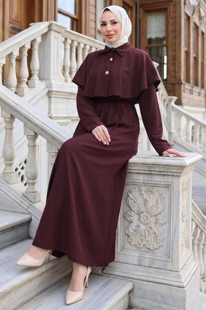 Pelerinli Modal Elbise Bordo HM2910