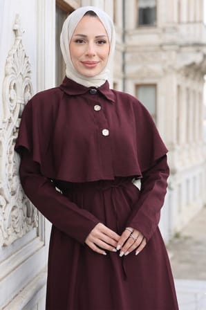Pelerinli Modal Elbise Bordo HM2910