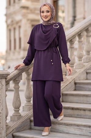 Yandan Tokalı Pantolonlu Ayrobin Takım Mürdüm HM2901