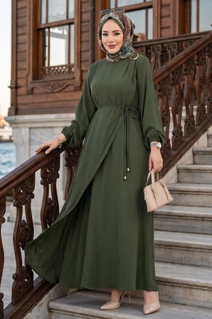 Toka Detaylı Bağlamalı Ayrobin Elbise Haki HM2907
