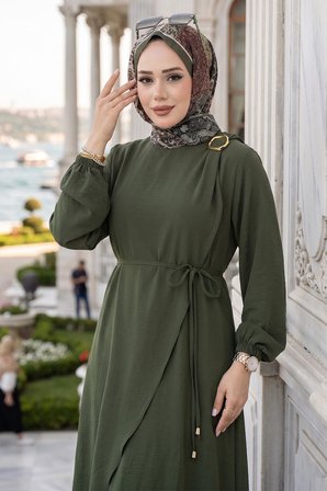 Toka Detaylı Bağlamalı Ayrobin Elbise Haki HM2907