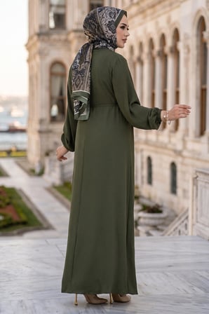 Toka Detaylı Bağlamalı Ayrobin Elbise Haki HM2907