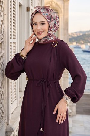 Toka Detaylı Bağlamalı Ayrobin Elbise Mürdüm HM2907