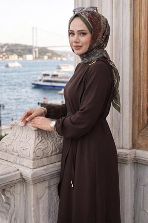 Toka Detaylı Bağlamalı Ayrobin Elbise Acı Kahve HM2907