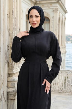 Beli Lastikli Yandan Tokalı Pensli Modal Elbise Siyah HM2909