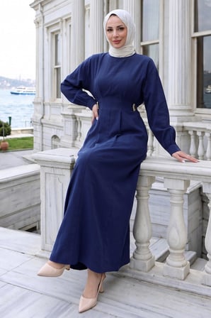 Beli Lastikli Yandan Tokalı Pensli Modal Elbise Lacivert HM2909