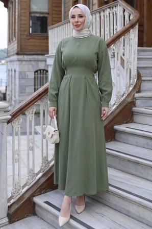 Beli Lastikli Yandan Tokalı Pensli Modal Elbise Haki HM2909