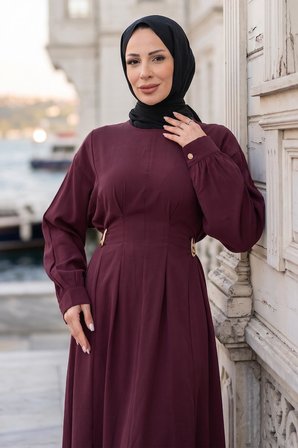Beli Lastikli Yandan Tokalı Pensli Modal Elbise Bordo HM2909