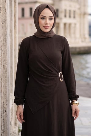 Yandan Tokalı Ayrobin Elbise Acı Kahve HM2914