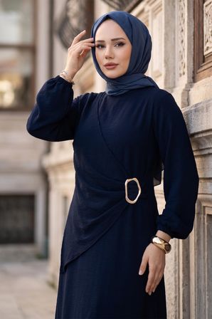 Yandan Tokalı Ayrobin Elbise Lacivert HM2914
