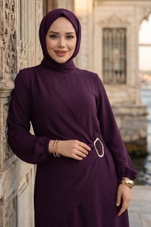 Yandan Tokalı Ayrobin Elbise Mürdüm HM2914