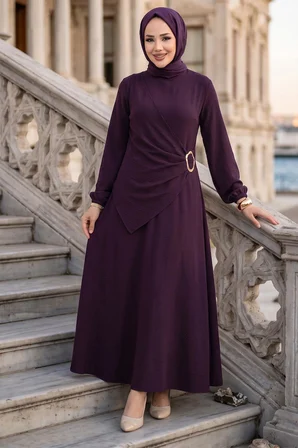 Yandan Tokalı Ayrobin Elbise Mürdüm HM2914