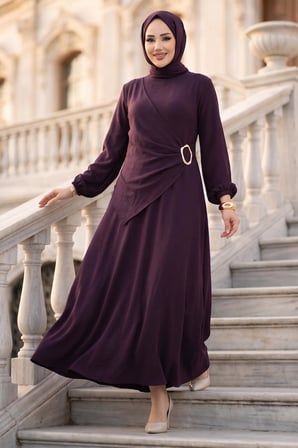 Yandan Tokalı Ayrobin Elbise Mürdüm HM2914