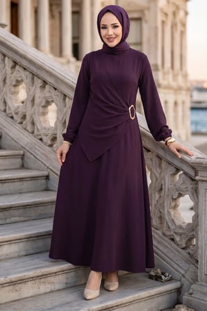 Yandan Tokalı Ayrobin Elbise Mürdüm HM2914