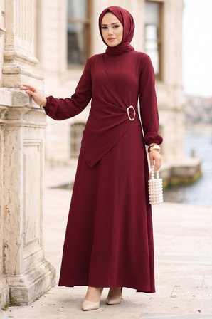 Yandan Tokalı Ayrobin Elbise Bordo HM2914