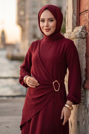 Yandan Tokalı Ayrobin Elbise Bordo HM2914