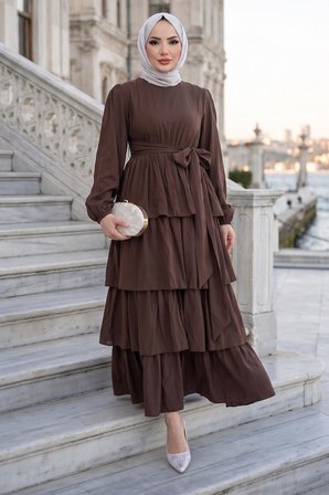 Beli Lastikli Bağlamalı Kat Kat Modal Elbise Kahverengi HM2915