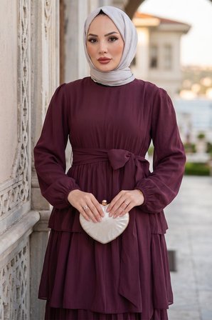 Beli Lastikli Bağlamalı Kat Kat Modal Elbise Bordo HM2915