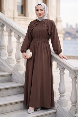 Kuşaklı Beli Lastikli Modal Elbise Kahverengi HM2916