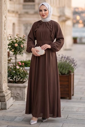 Kuşaklı Beli Lastikli Modal Elbise Kahverengi HM2916