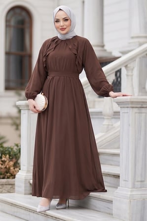 Kuşaklı Beli Lastikli Modal Elbise Kahverengi HM2916