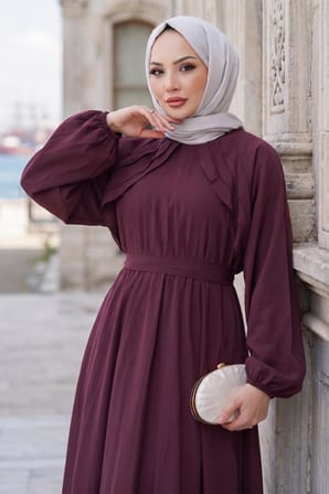 Kuşaklı Beli Lastikli Modal Elbise Bordo HM2916