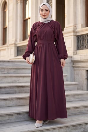 Kuşaklı Beli Lastikli Modal Elbise Bordo HM2916