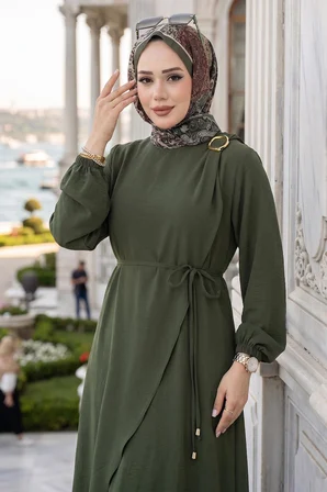 Toka Detaylı Bağlamalı Ayrobin Elbise Haki HM2907