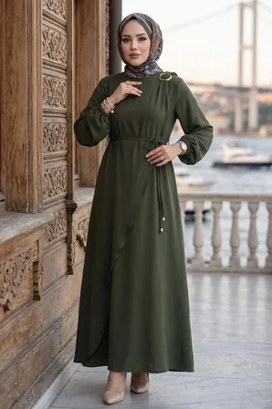 Toka Detaylı Bağlamalı Ayrobin Elbise Haki HM2907
