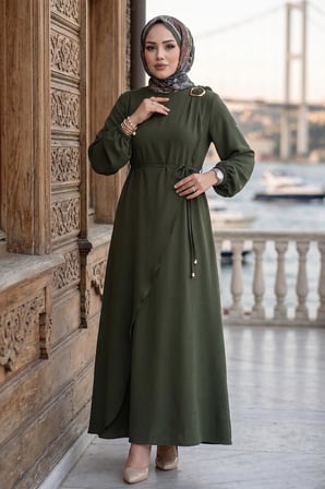 Toka Detaylı Bağlamalı Ayrobin Elbise Haki HM2907