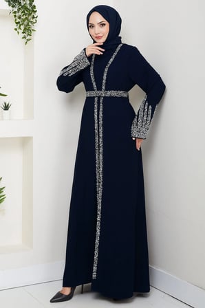 Taş Detaylı İçlikli Abaya Takım Lacivert HM2858