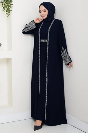 Taş Detaylı İçlikli Abaya Takım Lacivert HM2858