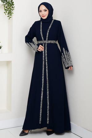 Taş Detaylı İçlikli Abaya Takım Lacivert HM2858