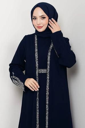 Taş Detaylı İçlikli Abaya Takım Lacivert HM2858
